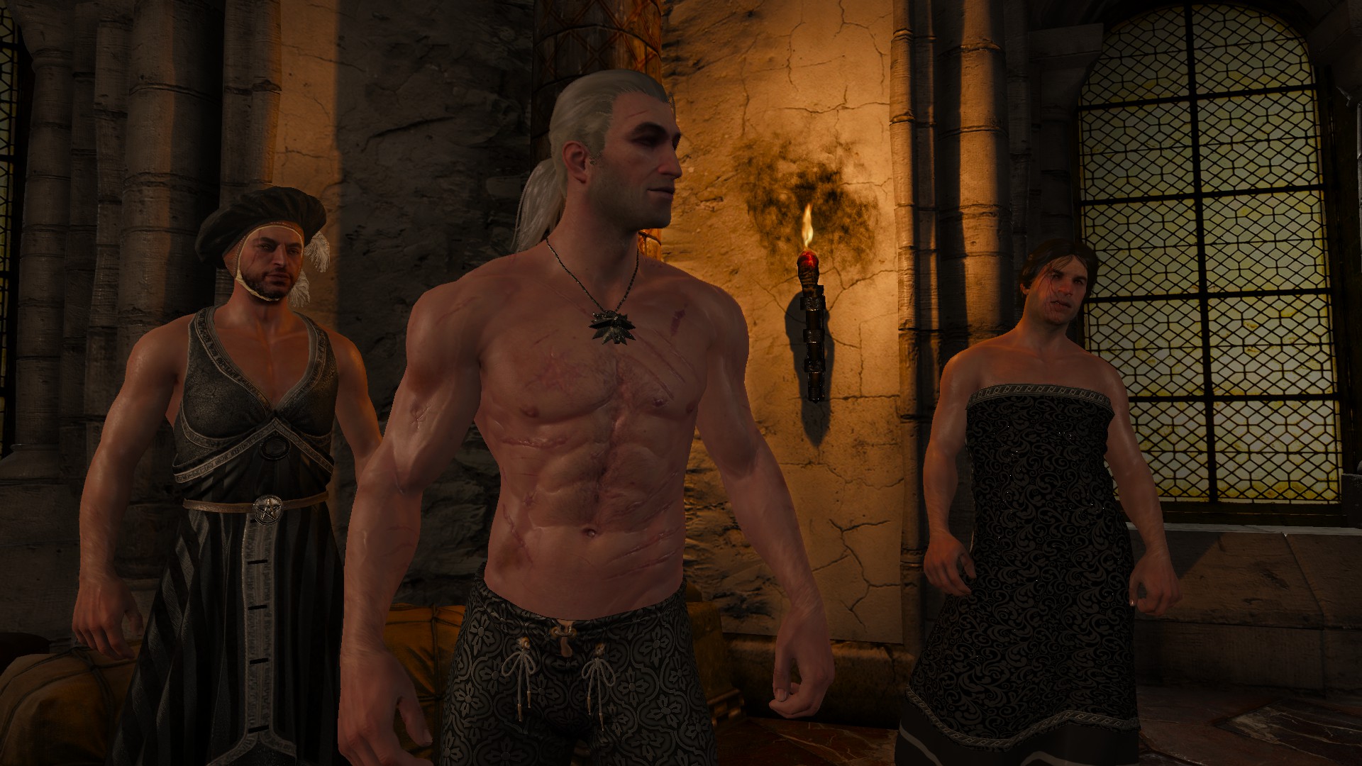 Geralt, Lambert và Eskel say xỉn mặc đồ của Yen trước trận Kaer Morhen giả làm The Lodge