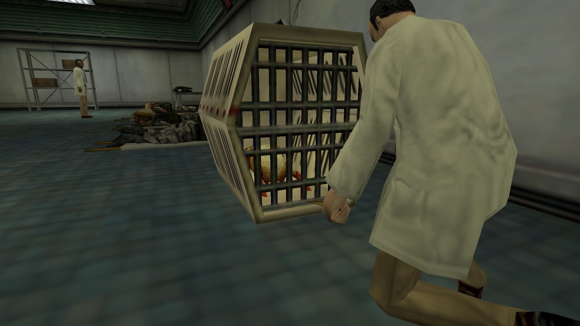 Một nhà khoa học đang chọc một con Headcrab tại cơ sở Black Mesa